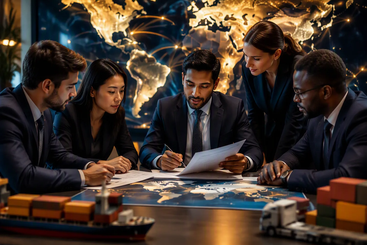 International trading professionals coordinating global business requirements